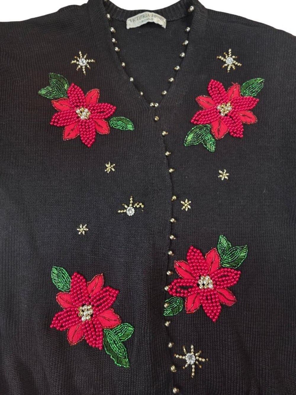 Victoria Jones Womens Black Poinsettia Beaded Cardigan Sweater XL